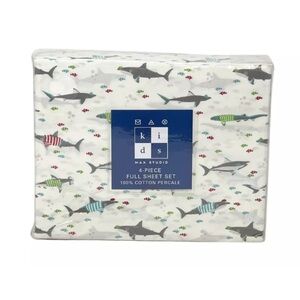 MAX STUDIO FULL 4 PC Soft Cotton Percale Great White Sharks & Fish Sheet Set NEW